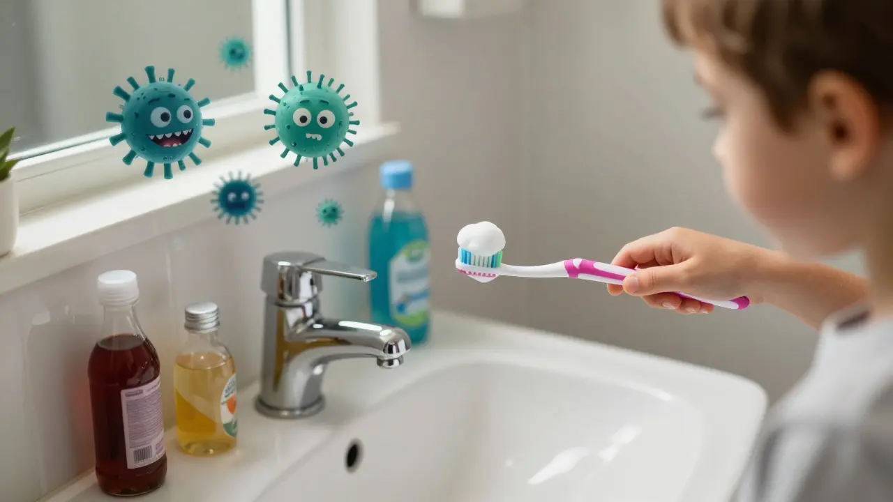 Dítě čistí zuby u myčky, v zrcadle vidíme čisté zuby a útěk bakterií od fluoridu.