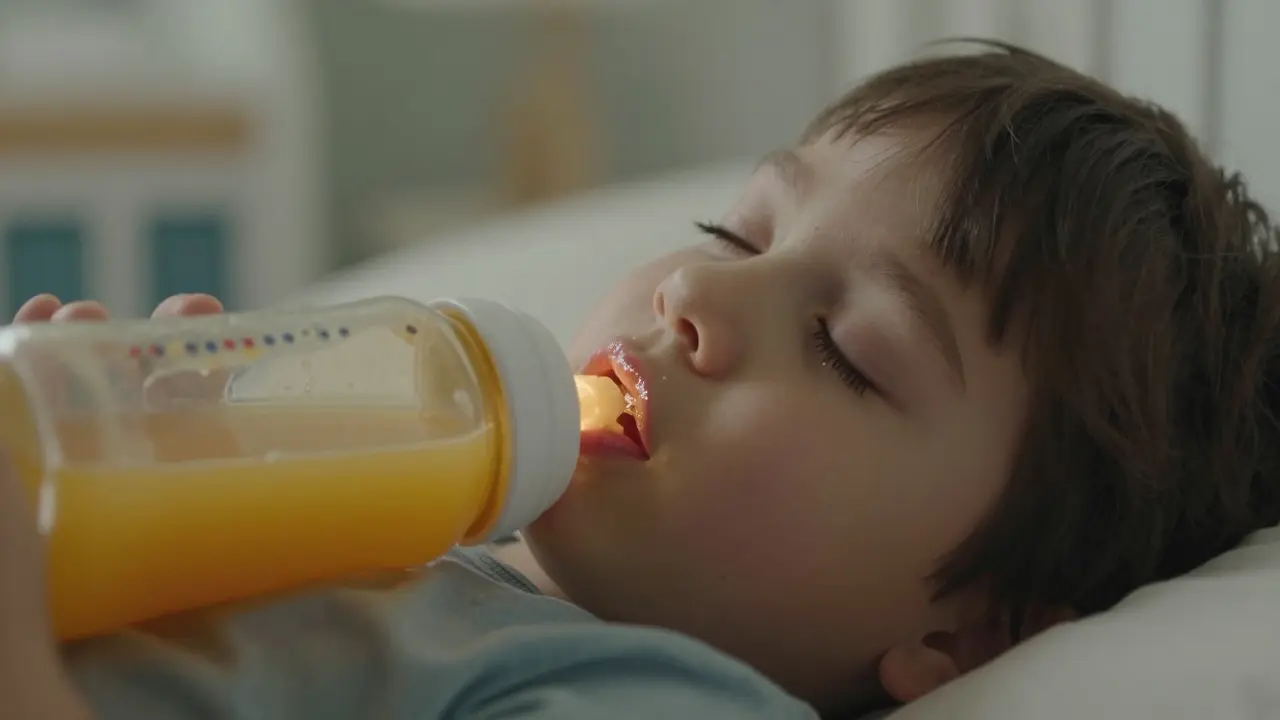 Dítě spí s láhví, zatímco cukr poškozuje přední zuby během noci.