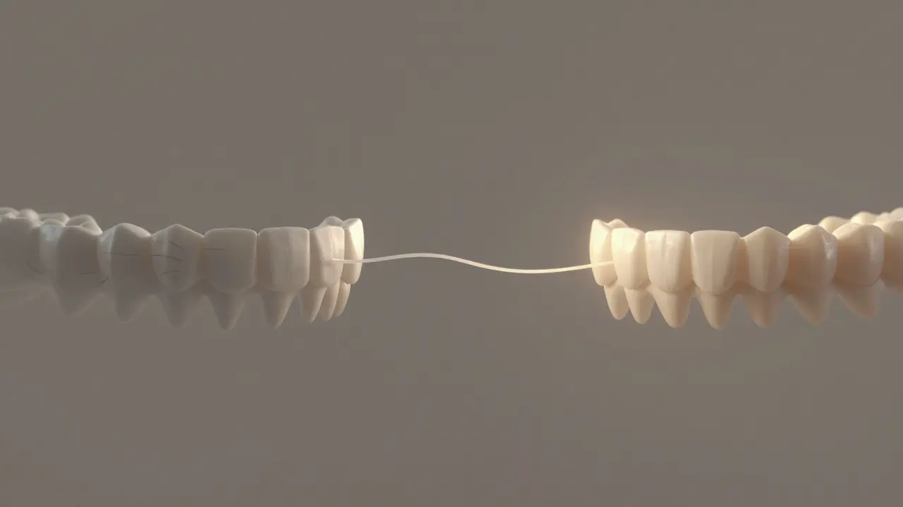 Dvě části obrázku: zkreslené zuby na levé straně a zarovnané na pravé, spojené zlatým drátem retence.