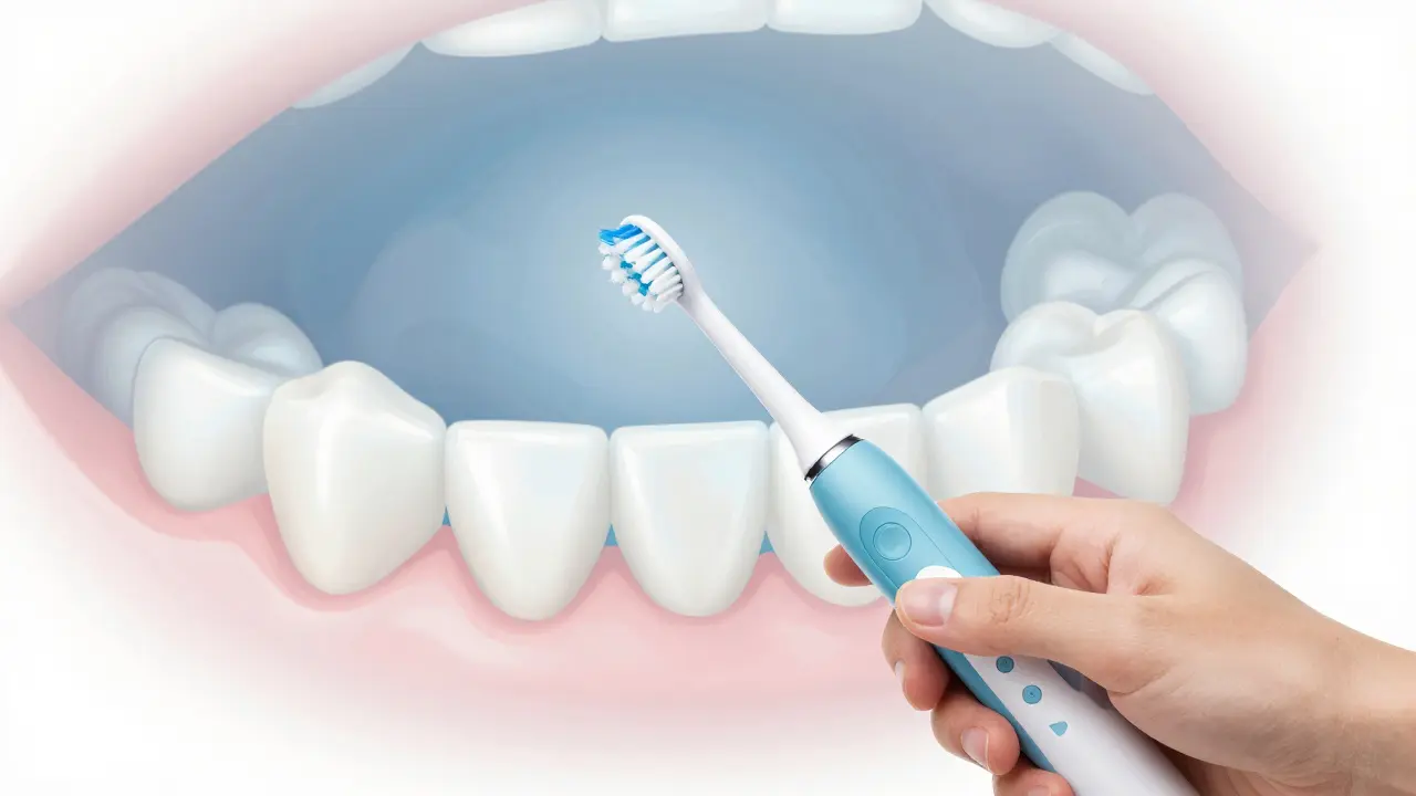 Elektrický kartáček čistící zuby v ústní dutině s abstraktním efektem odstranění placky.