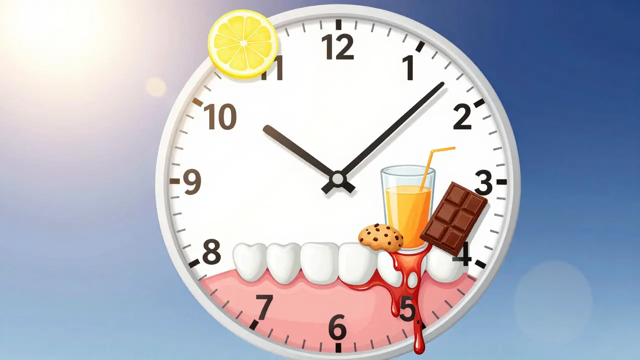Hodiny symbolizující časté konzumace sladkých a kyselých potravin během dne, které ničí zubní sklovinu.
