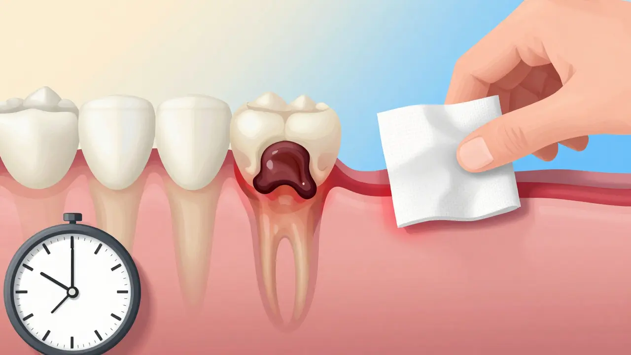 Ilustrace zdravé a poškozené krevní sraženiny v dásni po vytržení zubu.