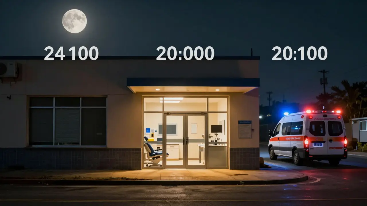 Koncepční scéna znázorňující 24hodinový cyklus pohotovostní služby: zavřená ordinace, otevřená pohotovost a záchranná ambulance.