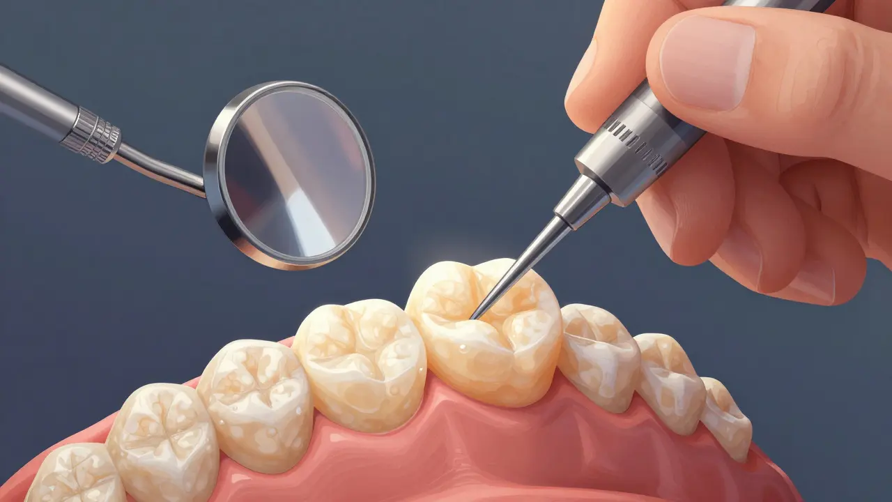 Lékař nanáší rezinový cement dovnitř keramické korunky před nasazením. Detailní záběr cementování.