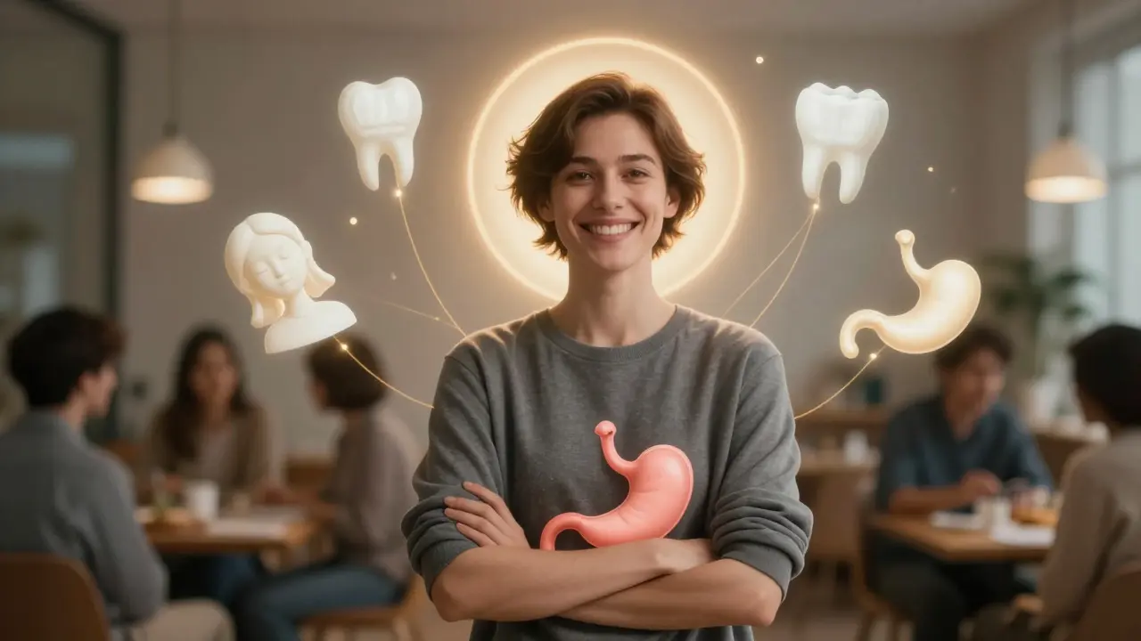 Muž se klidně a sebevědomě usmívá, kolem něj se objevují symboly zdraví: klidný spánek, čisté zuby a vyvážená čelist.