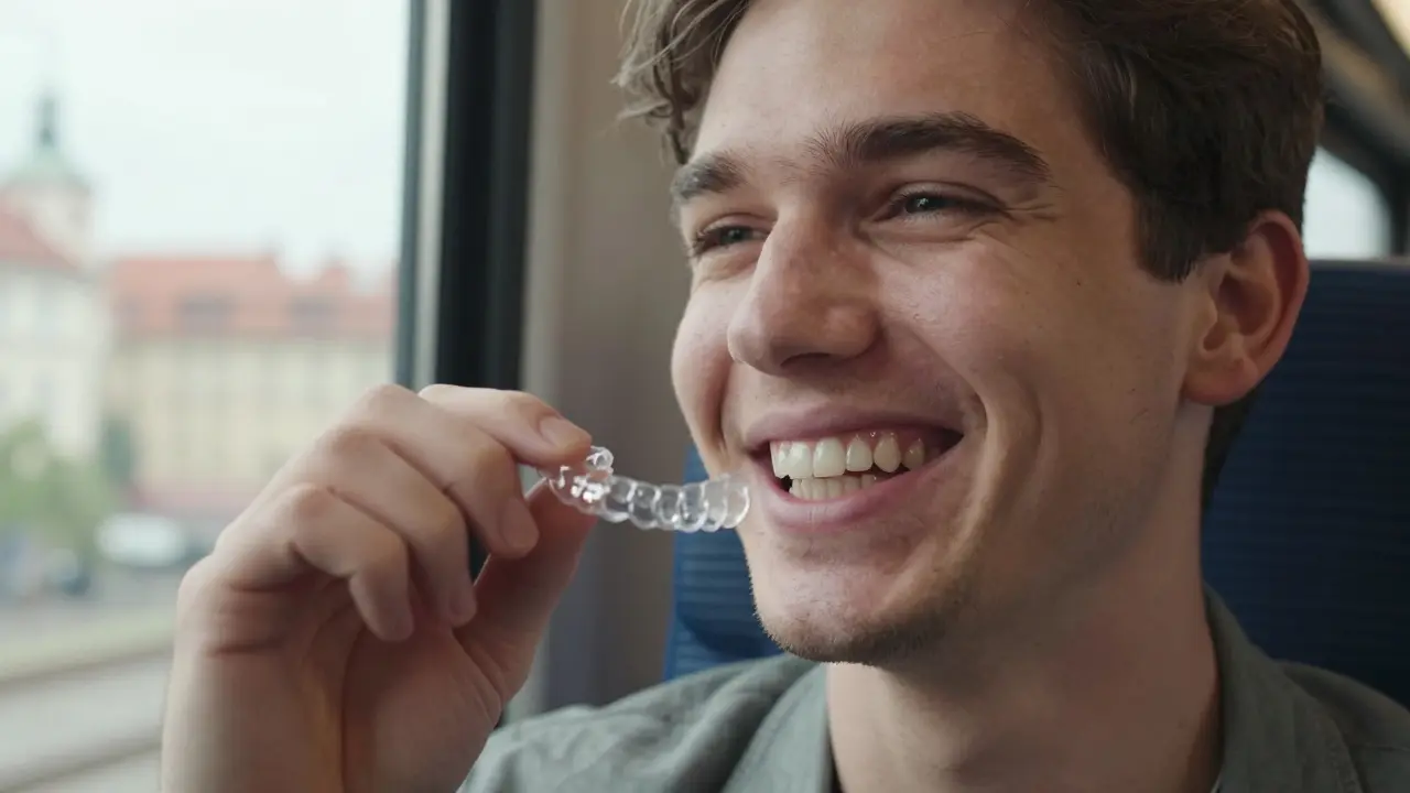 Muž se směje s viditelnými transparentními rovnátky, za ním je výhled na Prahu z vlaku.