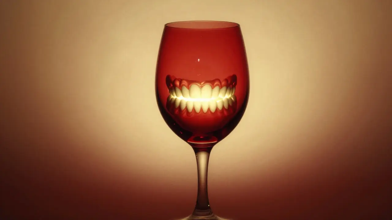 Osoba pije červené víno s keramickými zuby bez obav.