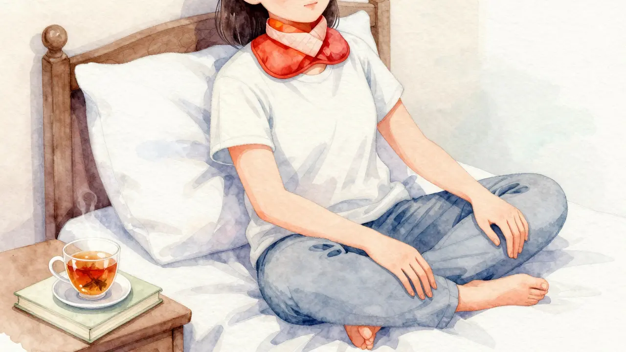 Osoba používá teplý obklad na čelist před spaním s čajem na stole.