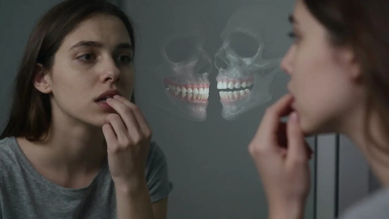 Osoba se dívá do zrcadla, kde se v odrazu objevují skryté problémy s zuby a čelistí.