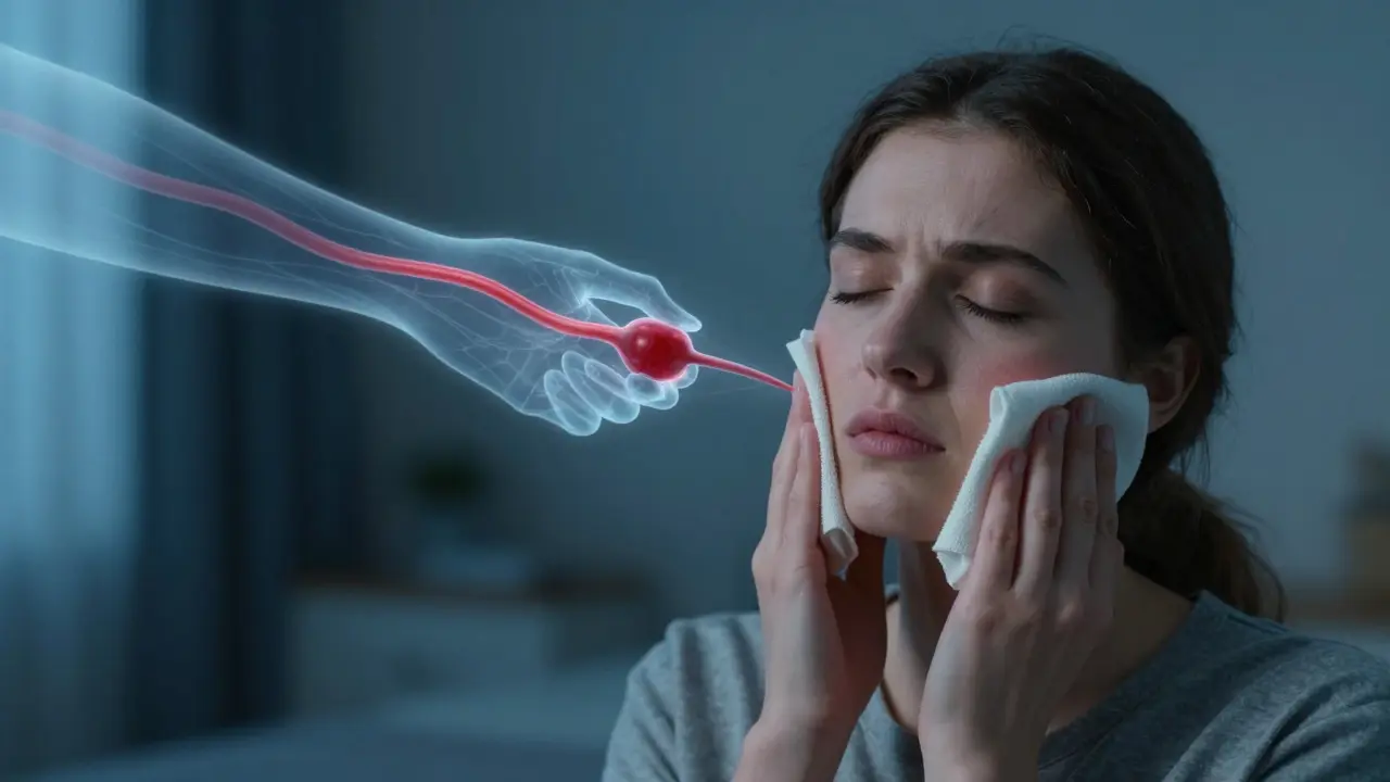 Osoba si klade teplý hadřík na obličej, zatímco na pozadí je vidět stisknutí nervu krvním cévou.