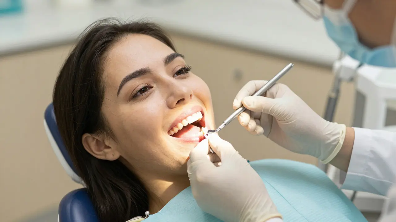 Pacient po nasazení korunky usmívá se v zubním křesle, lékař kontroluje přiléhání.