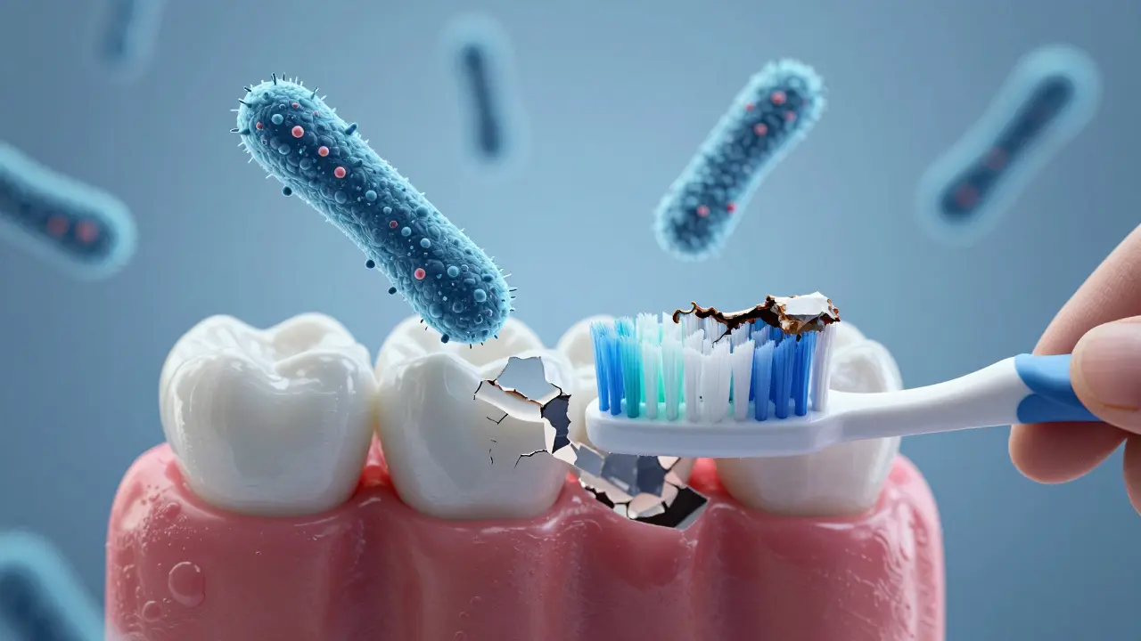 Porovnání zdravého a poškozeného zubu s mikroskopickými bakteriemi produkujícími kyselinu.