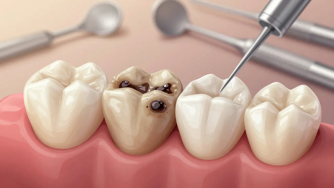 Porovnání zubu před a po pískování: od odstranění zubního kamene a barviv k lesklému povrchu.