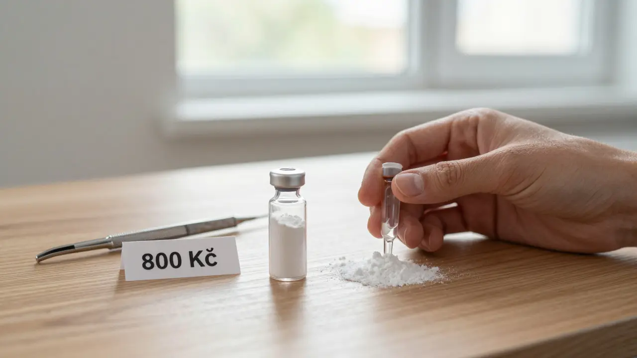 Prášek hydroxylapatitu a zubní nástroje s cenou 800 Kč na pozadí klinického prostředí.