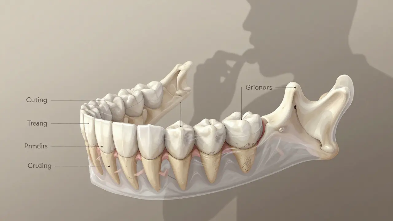 Přehled typů zubů v čelisti s jejich funkcemi: řezáky, špičáky, přední a zadní třískové.