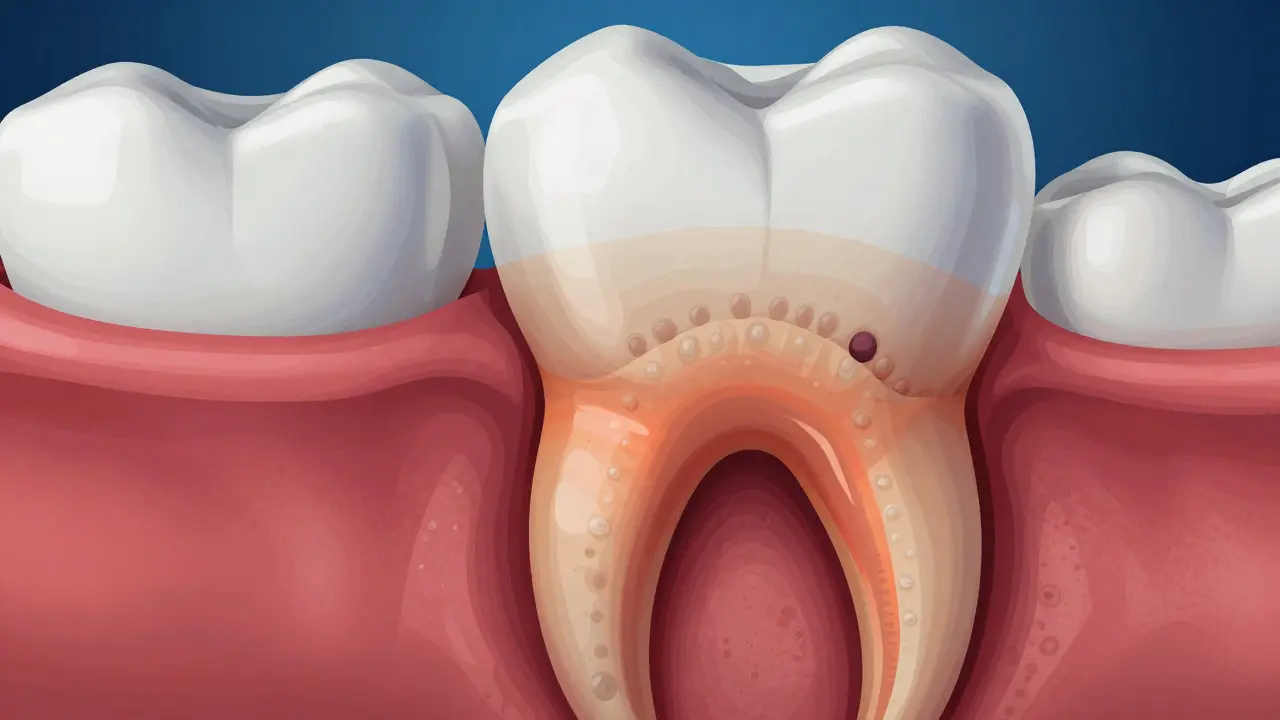 Průřez zubem ukazující bakteriální plak a zánět šířící se k kořeni.