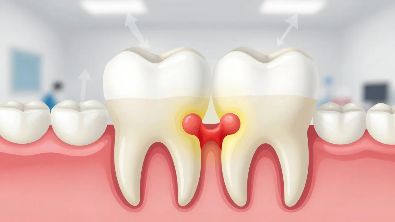 Průřez zubu ukazující hromadění plaku a počáteční kaz na mezizubních plochách.