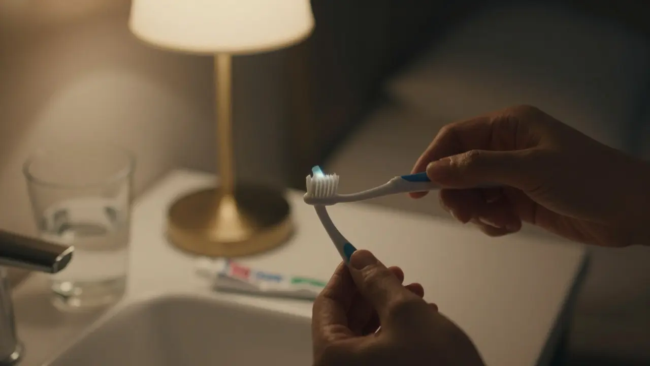 Ruka drží mezizubní kartáček v nočním osvětlení, symbolizující večerní hygienickou rutinu.