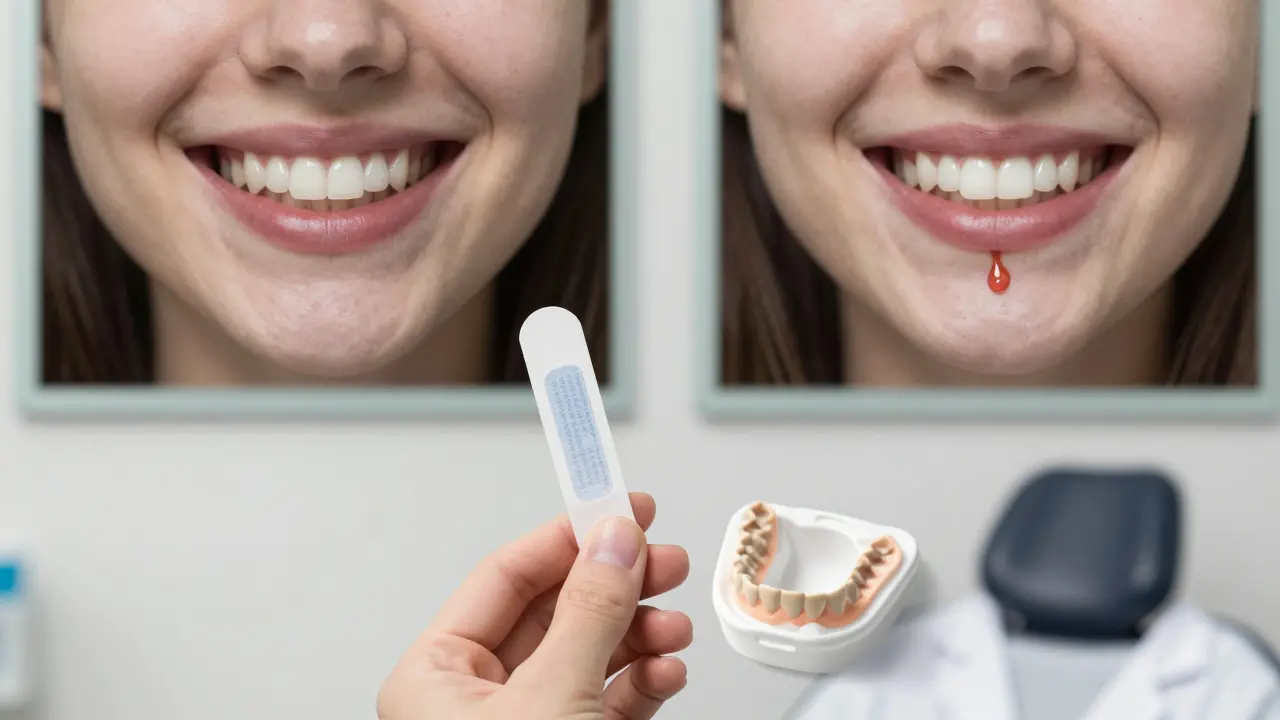 Rukou drží lací bělicí pásku vedle profesionálního zubního šablony a bílého pláště stomatologa.