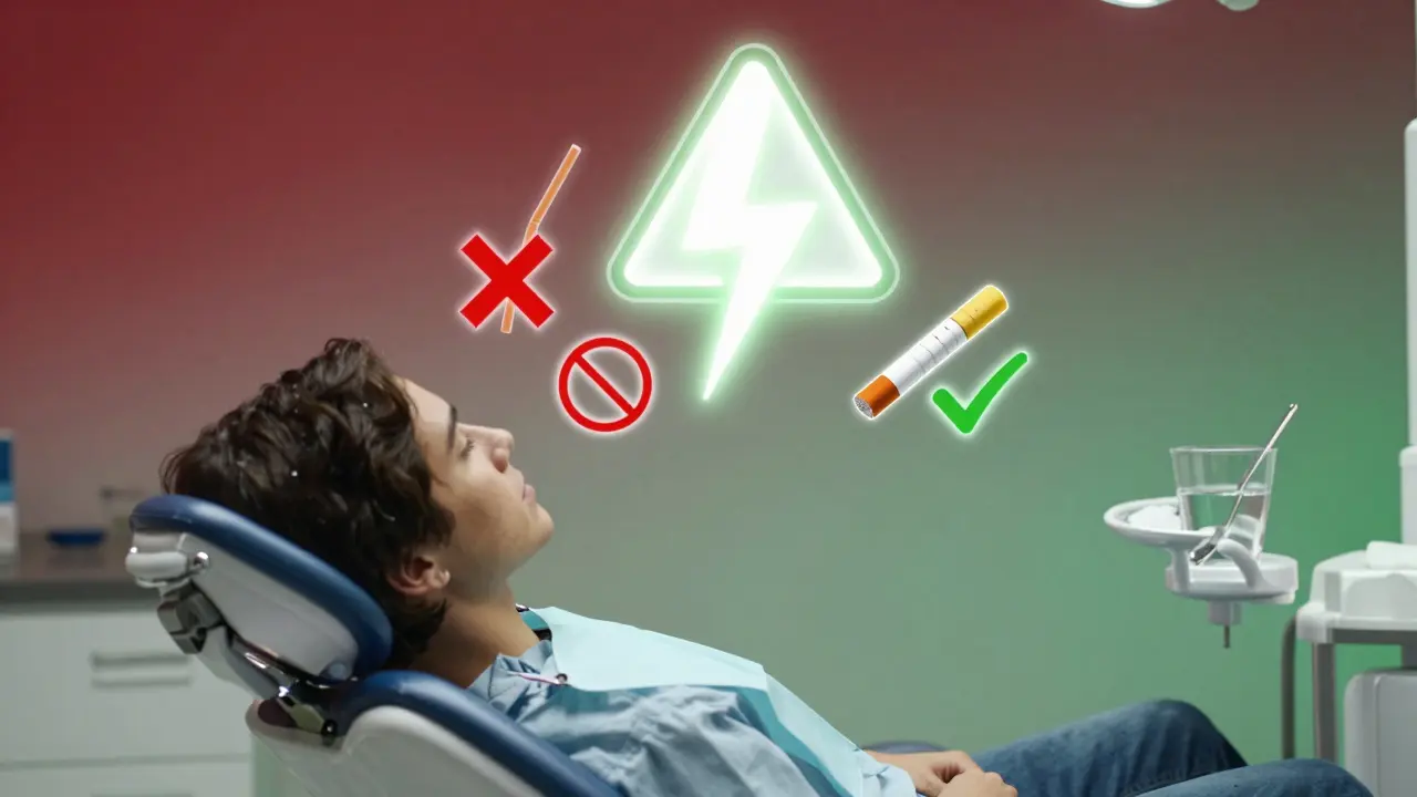 Symbolický obraz výběru mezi bezpečnými a nebezpečnými praktikami po vytržení zubu.