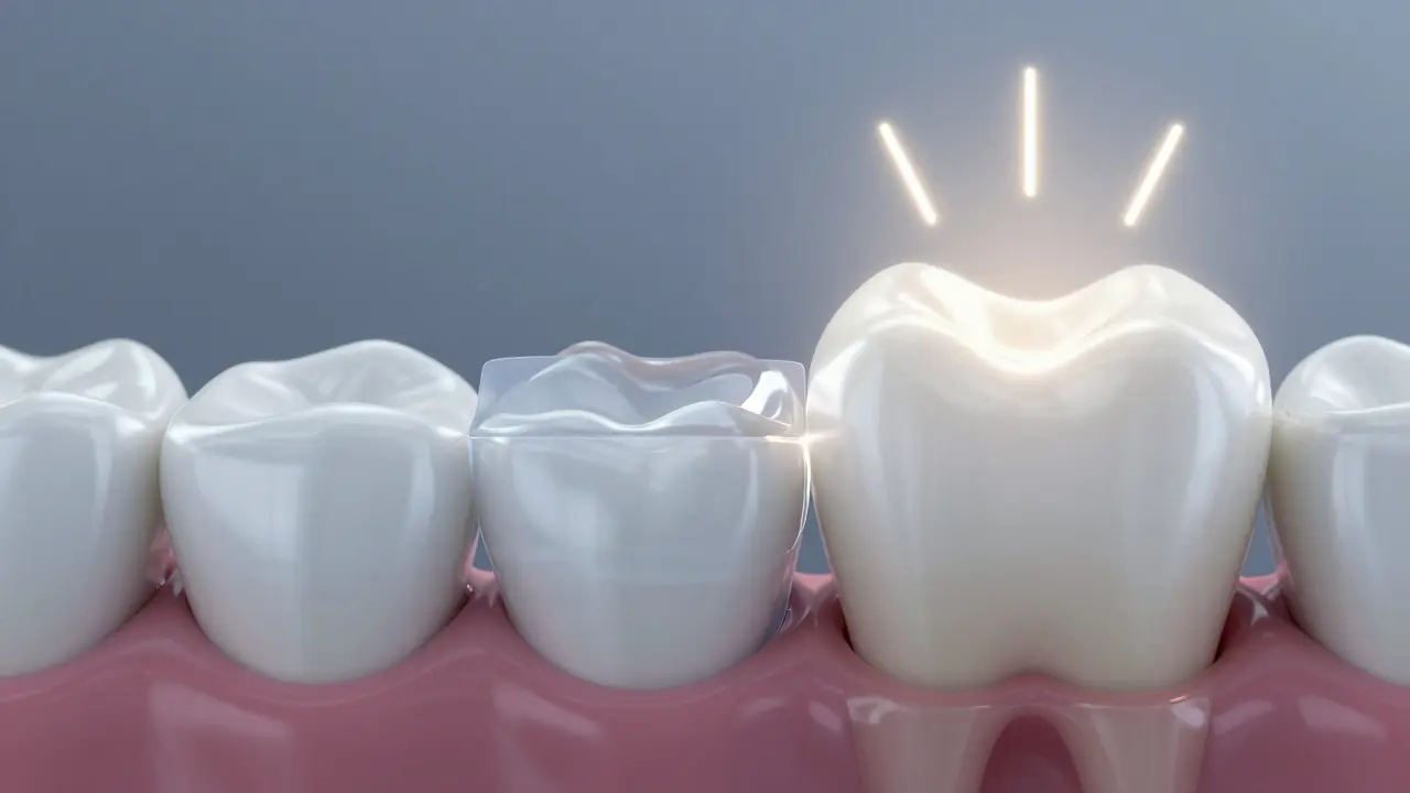 Tooth with transparent layer showing minimal enamel removal and fluoride protection.