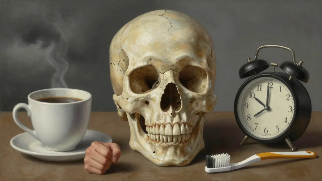 Translucenční lebka s prasklinami v sklovině a symboly stresu, kyselé stravy a špatné hygieny.