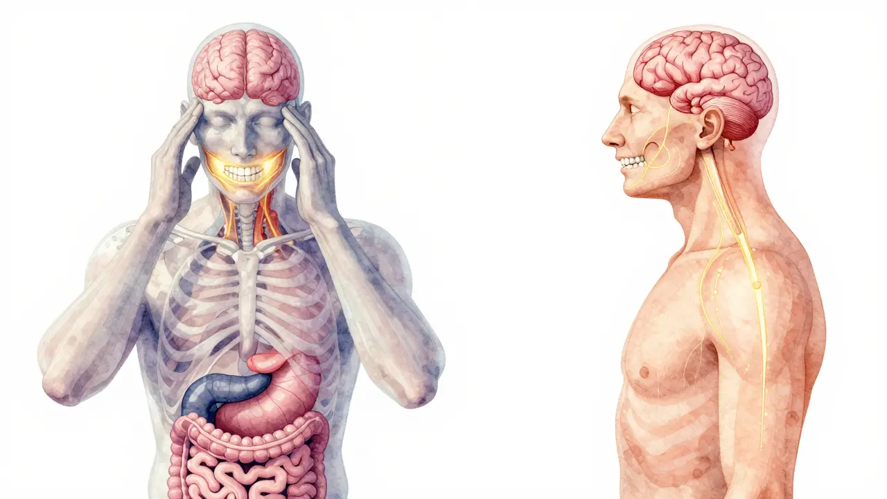 Transparentní ilustrace těla ukazující vliv špatného postavení zubů na hlavu, krk a trávení.