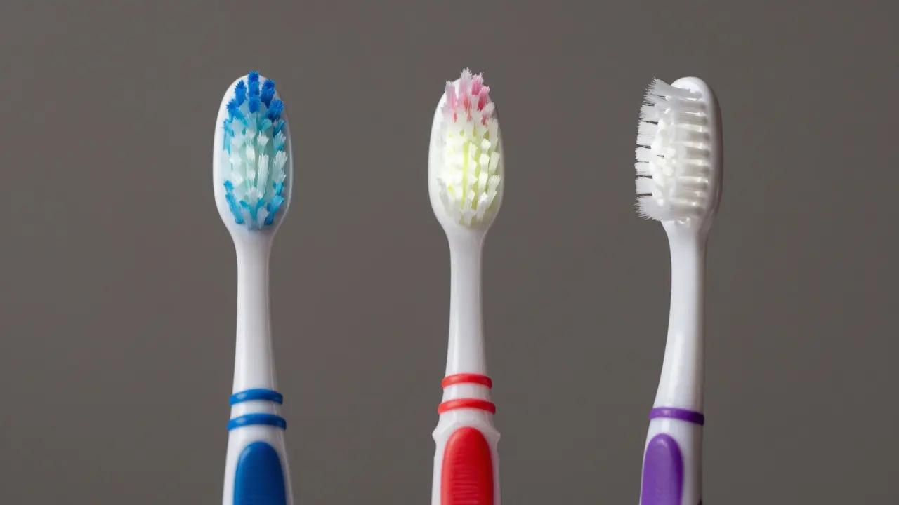 Tři typy kartáčků vedle sebe: dospělý, dětský a pro ortodontické nápravy.