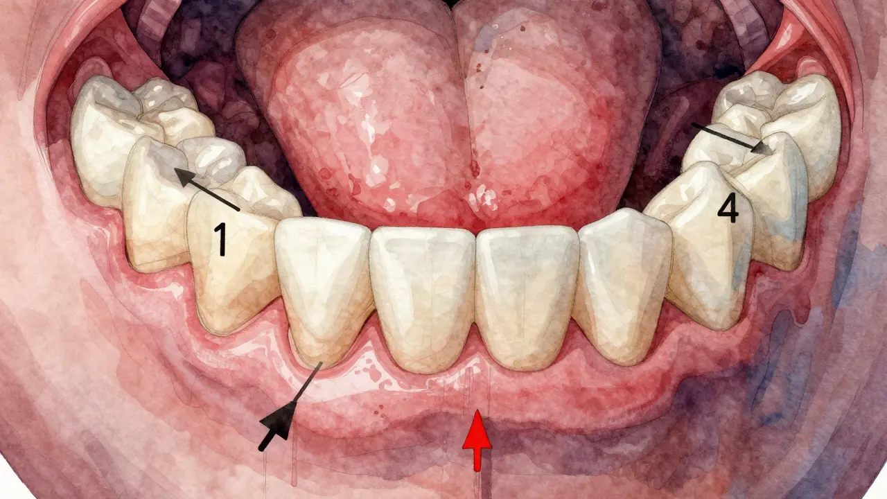 Výřez horní čelisti ukazující tlak jazyka a ztrátu kosti kolem zubů č. 1 a 4.