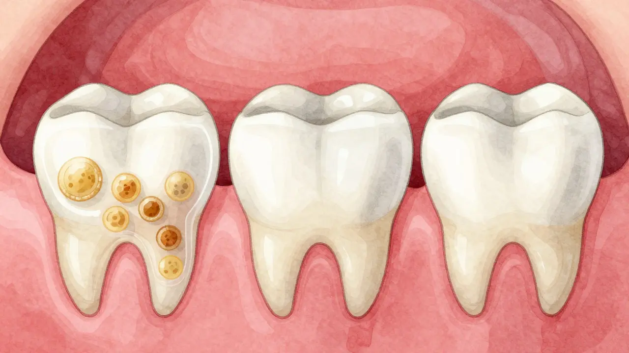 Vývoj zubní placky v zubní kámen na dětských zubech v průběhu tří měsíců.