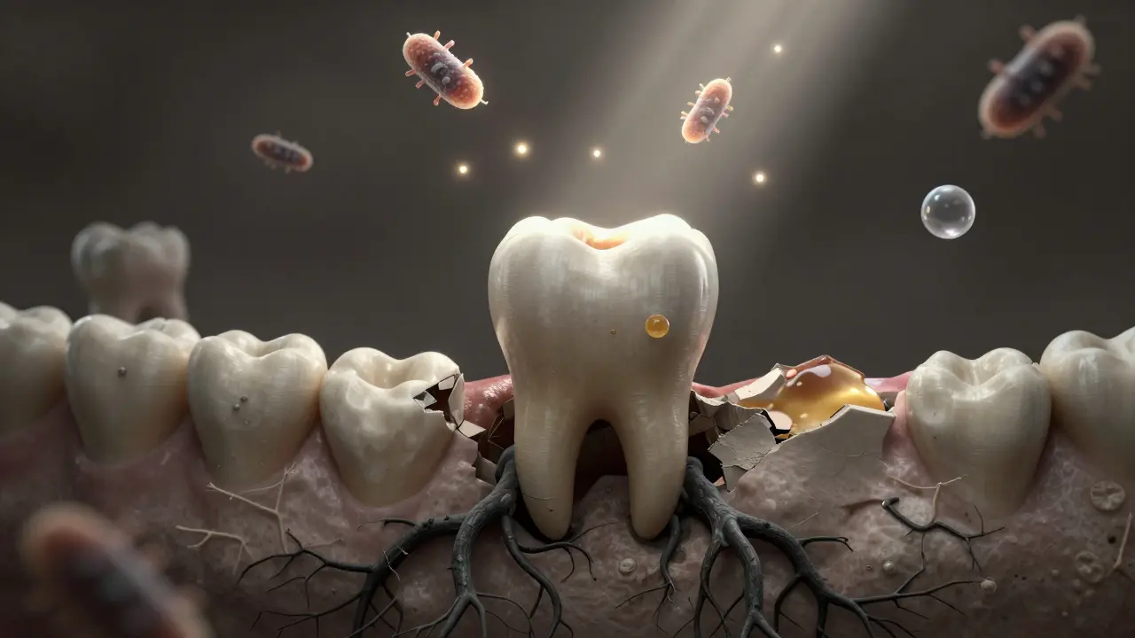 Zub s ničenými kořeny a hnisem, symbolizující nelečený zánět.