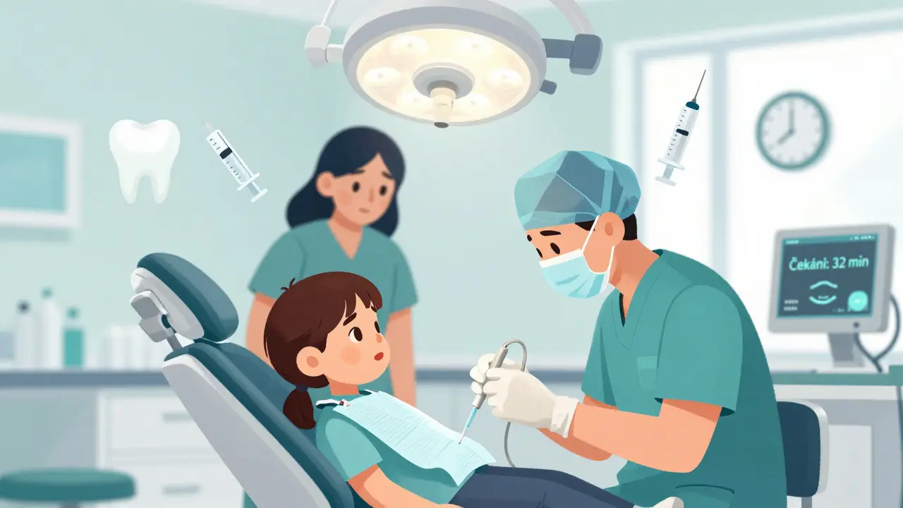 Zubní lékař provádí nouzový zákrok na dítěti v pohotovostní ordinaci s digitálním displejem čekání.