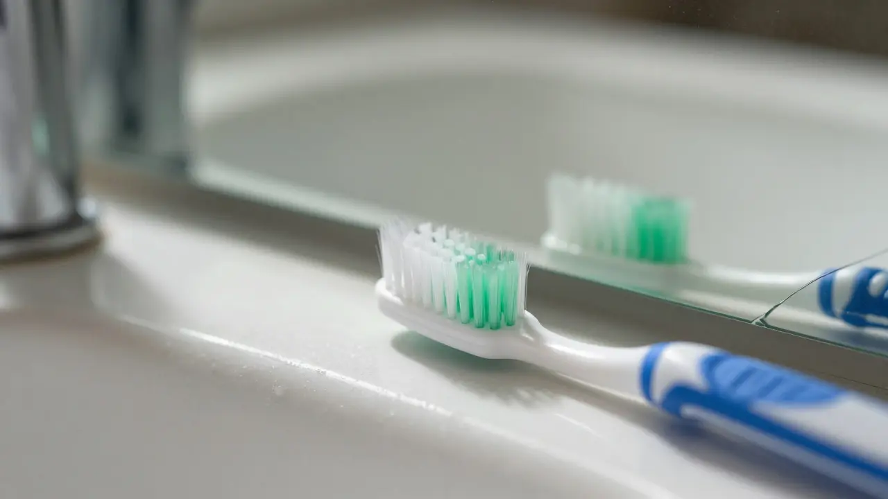 Zubní štěteček na umyvadle s viditelnou tenkou filmovou vrstvou na štětinách a zeleným odstínom na zubech v zrcadle.