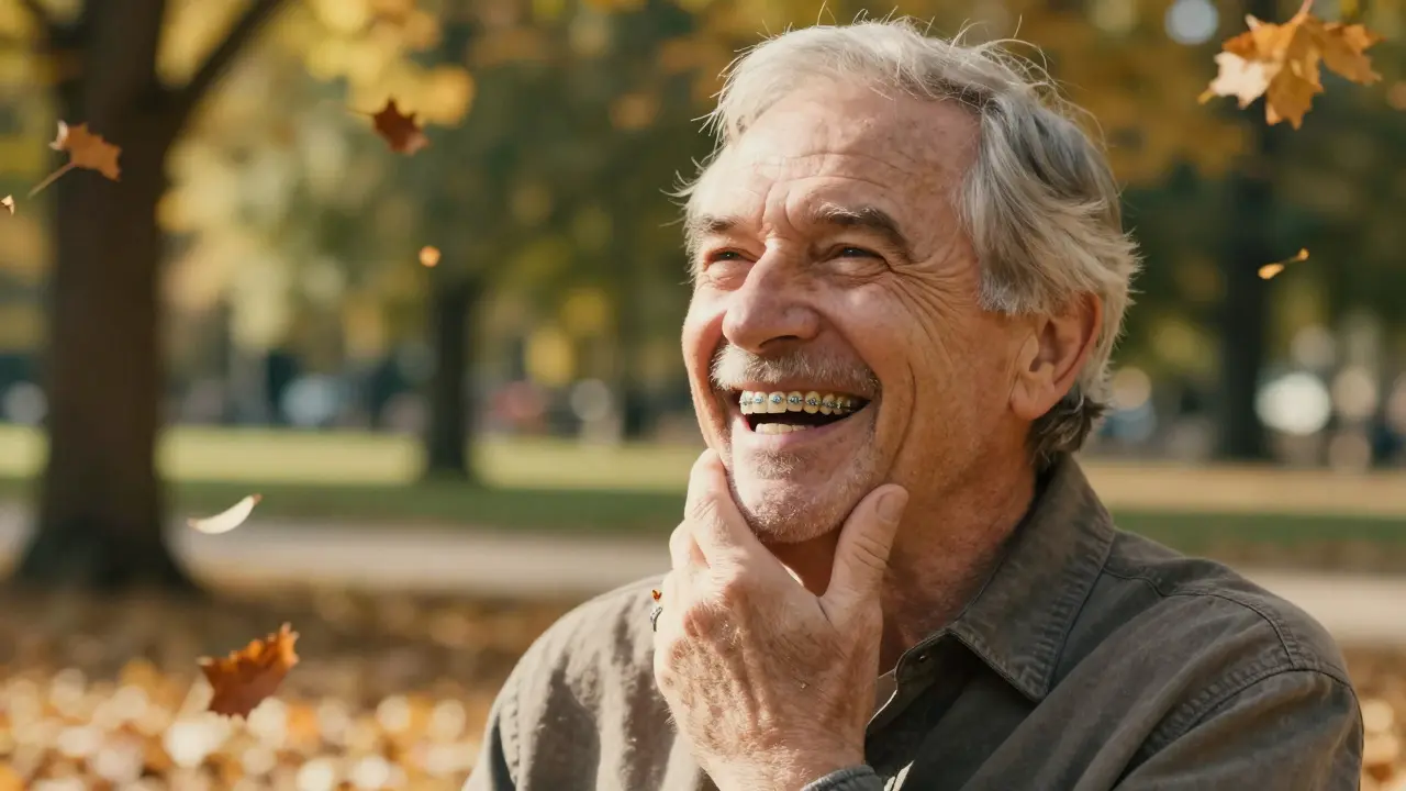 68letý muž se směje v parku s přirozeným úsměvem, bez viditelných kovových rovnátek.