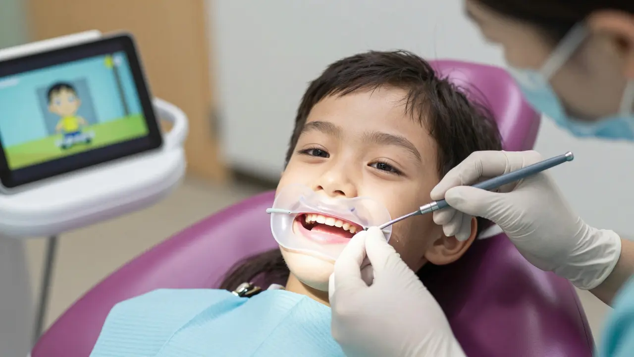 Child calmly receiving dental treatment with a transparent rubber dam and a tablet playing a cartoon.