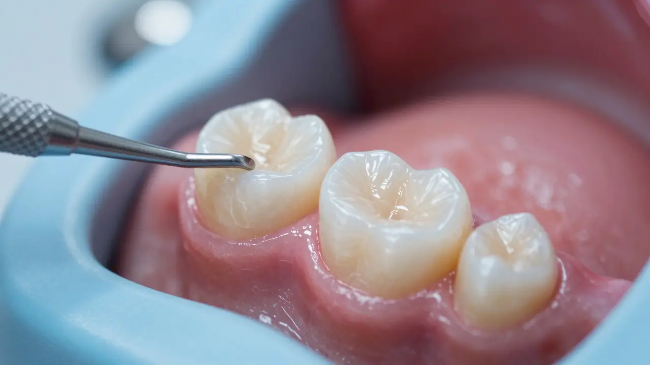 Close-up of a rubber dam stretched over two teeth with a small hole for each tooth.