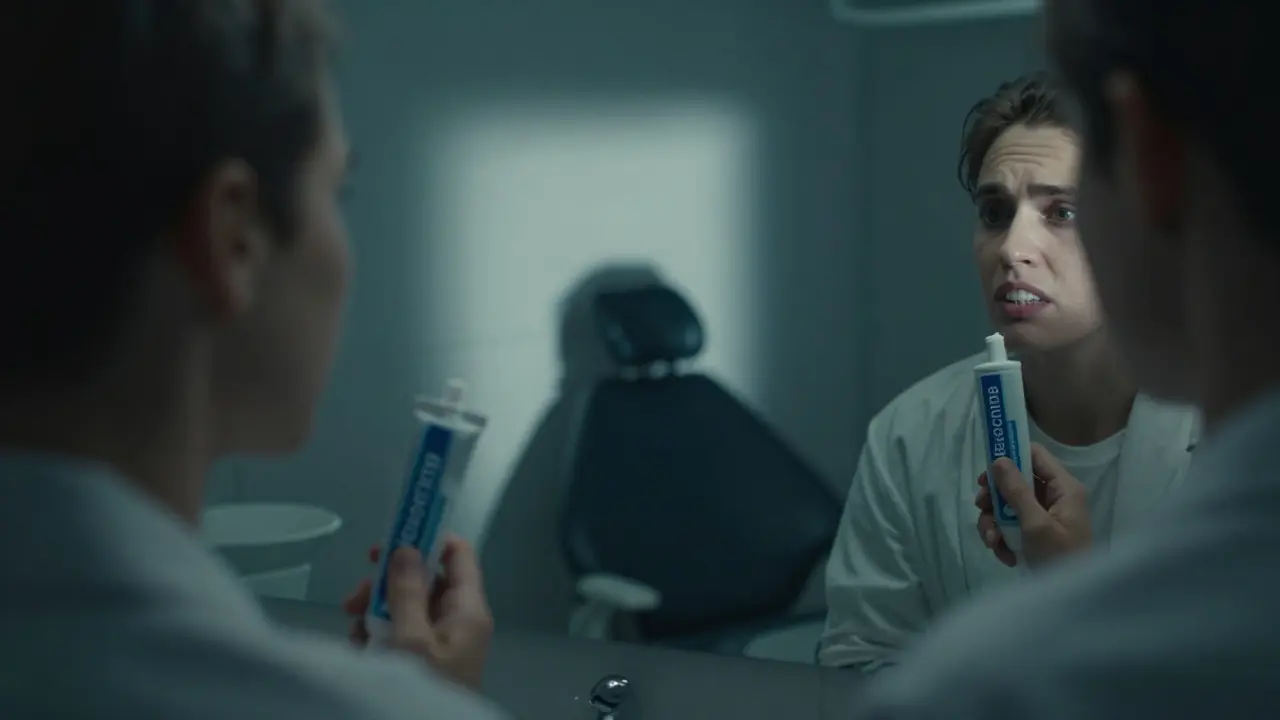 Člověk ve zrcadle vidí nehomogenní bělení zubů — bílé zuby s tmavými plombami.