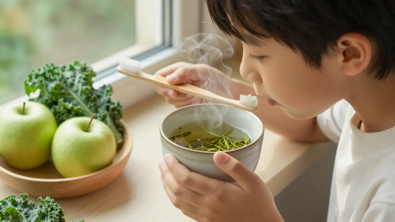 Dítě pije teplý zelený čaj a drží kartáček, vedle něj surové ovoce a zelenina.