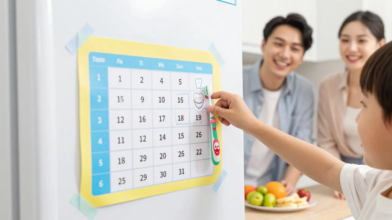 Dítě přilepuje nálepku na kalendář pro pravidelné čištění zubů.