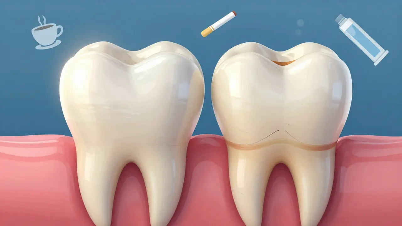 Dvě zuby vedle sebe: jedno se zdravou sklovinkou, druhé s poškozenou sklovinkou a tmavou dentinou.