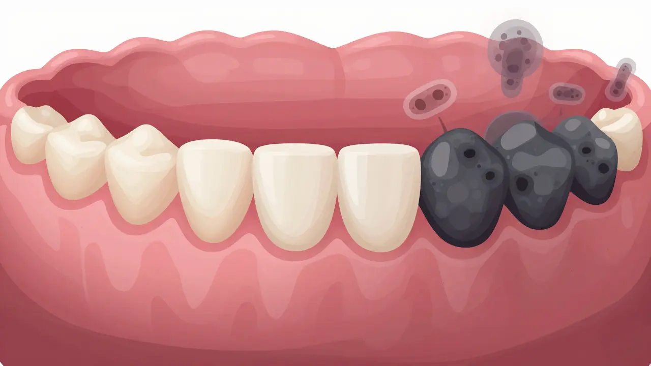 Ilustrace ukazující rozdíl mezi zdravými a nemocnými dásněmi.