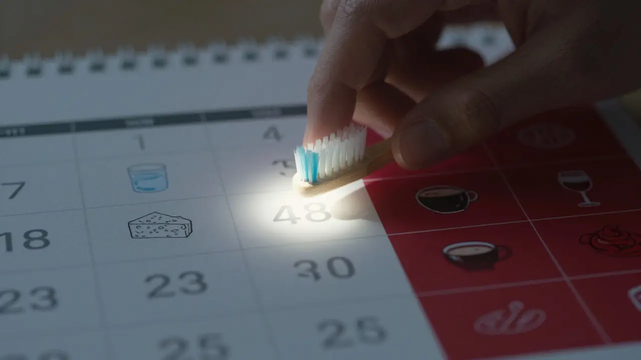 Kalendář s prvními 48 hodinami označenými bílou barvou, kolem něj potraviny povolené a zakázané po bělení zubů.