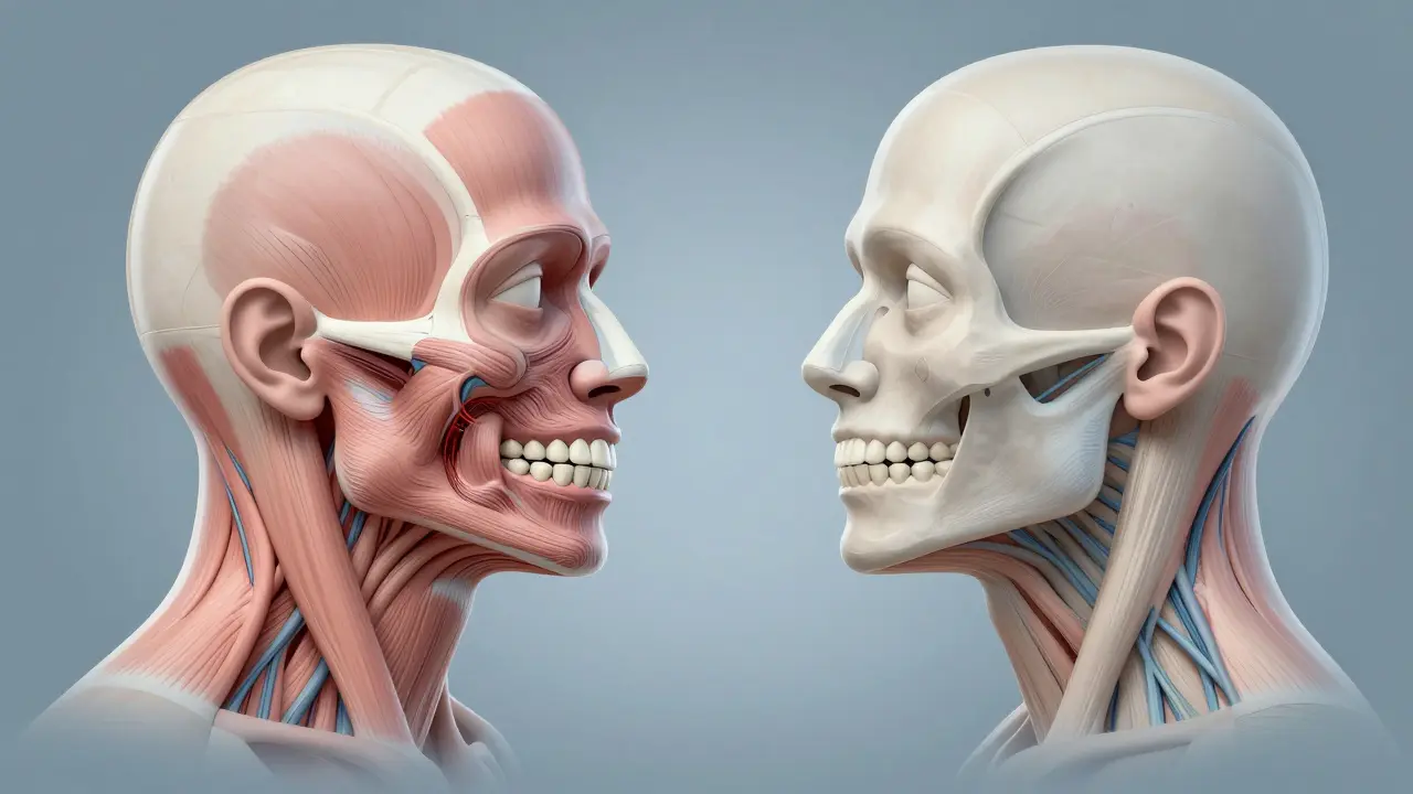 Křížový řez hlavy ukazující rozdíl mezi špatným a správným postavením čelisti a zubů.
