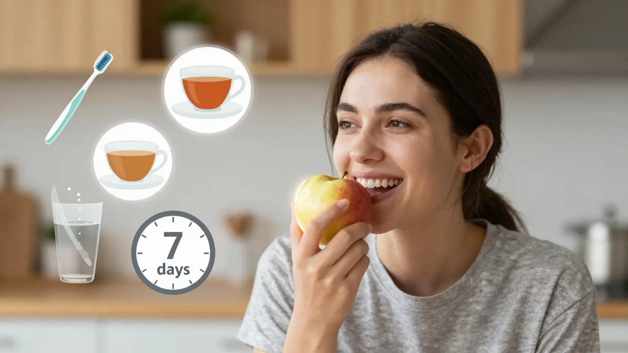 Osoba se usmívá, když jí ovoce, s jemným zvýrazněním naplněného zubu.