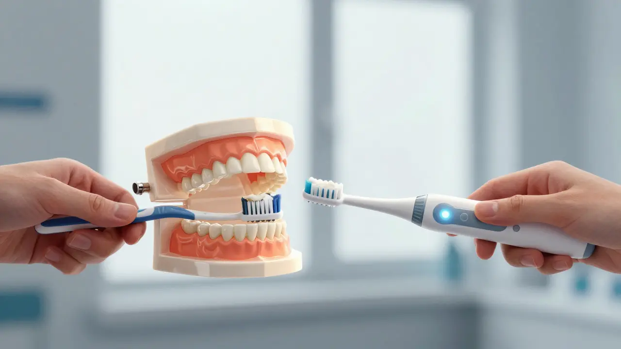 Porovnání manuálního a sonického kartáčku: jedna ruka s opotřebovanými štětinami, druhá s moderním kartáčkem a čistými zuby.