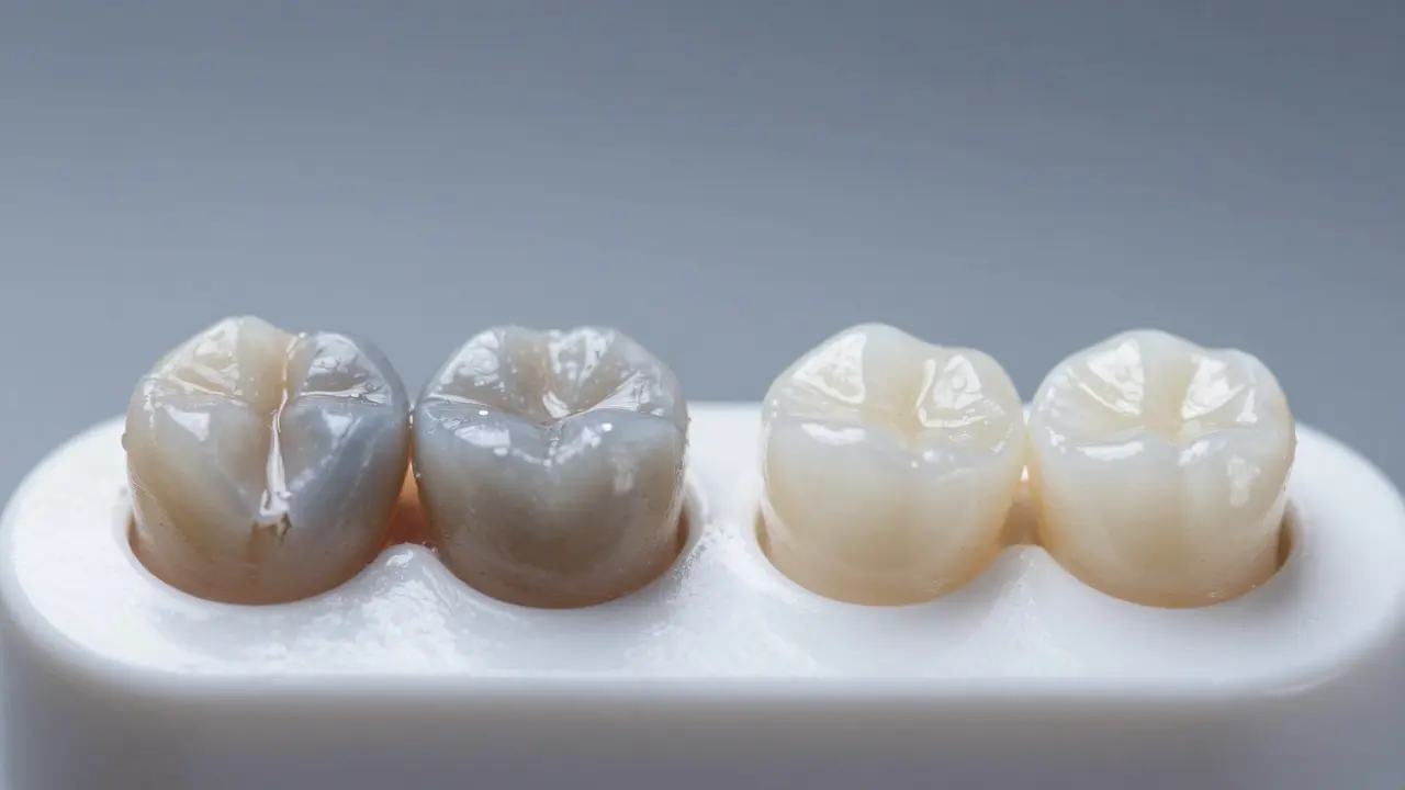 Porovnání poškozeného a obnoveného emalu na předních zubech.