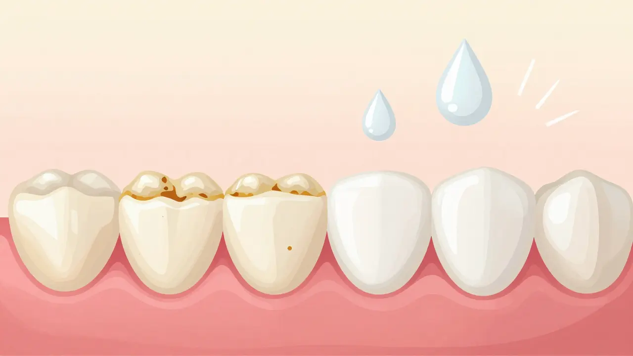 Porovnání zubů před a po broušení: zleva zubní kámen, zprava hladká sklovina s leskem, symbolizující čistotu a obnovu.