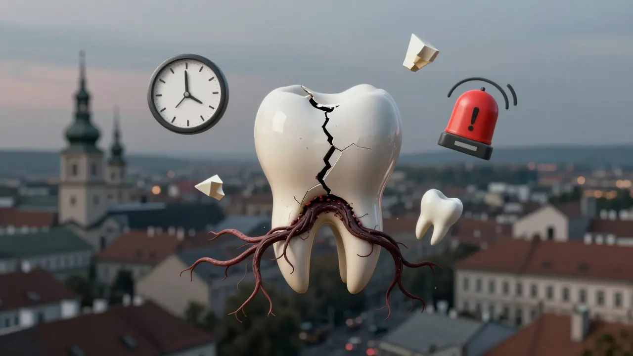 Prasklý zub s černými infekčními výběžky šířícími se do čelisti, symbolizující nezachycenou infekci.