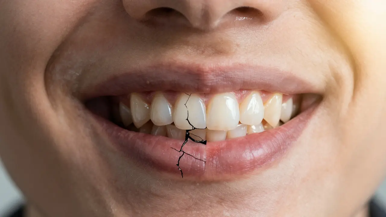 Přechod poškozeného zubu na dokonale obnovený s korunkou v jednom obrazu.