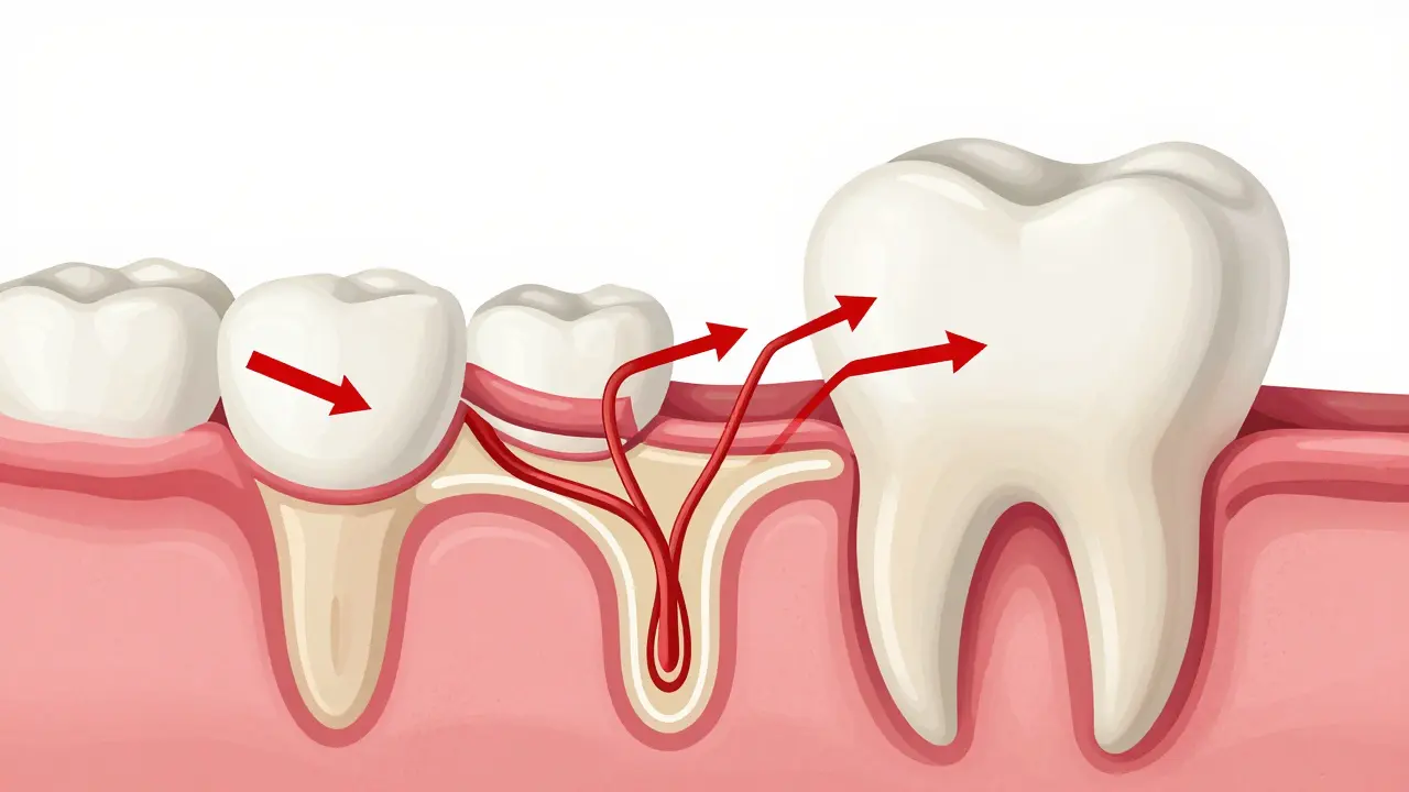 Přehledný výřez zubu s vyznačenými mikrotubulami a poškozenou emalí.